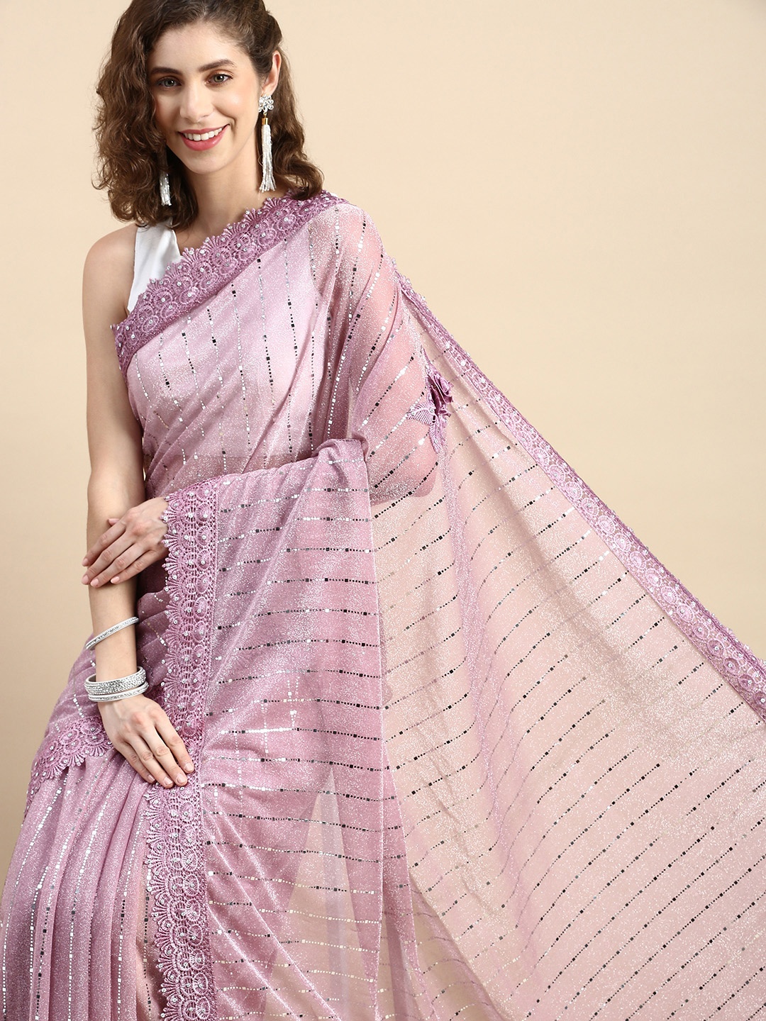 

Pothys Striped Stones-Studded Pure Georgette Saree, Mauve