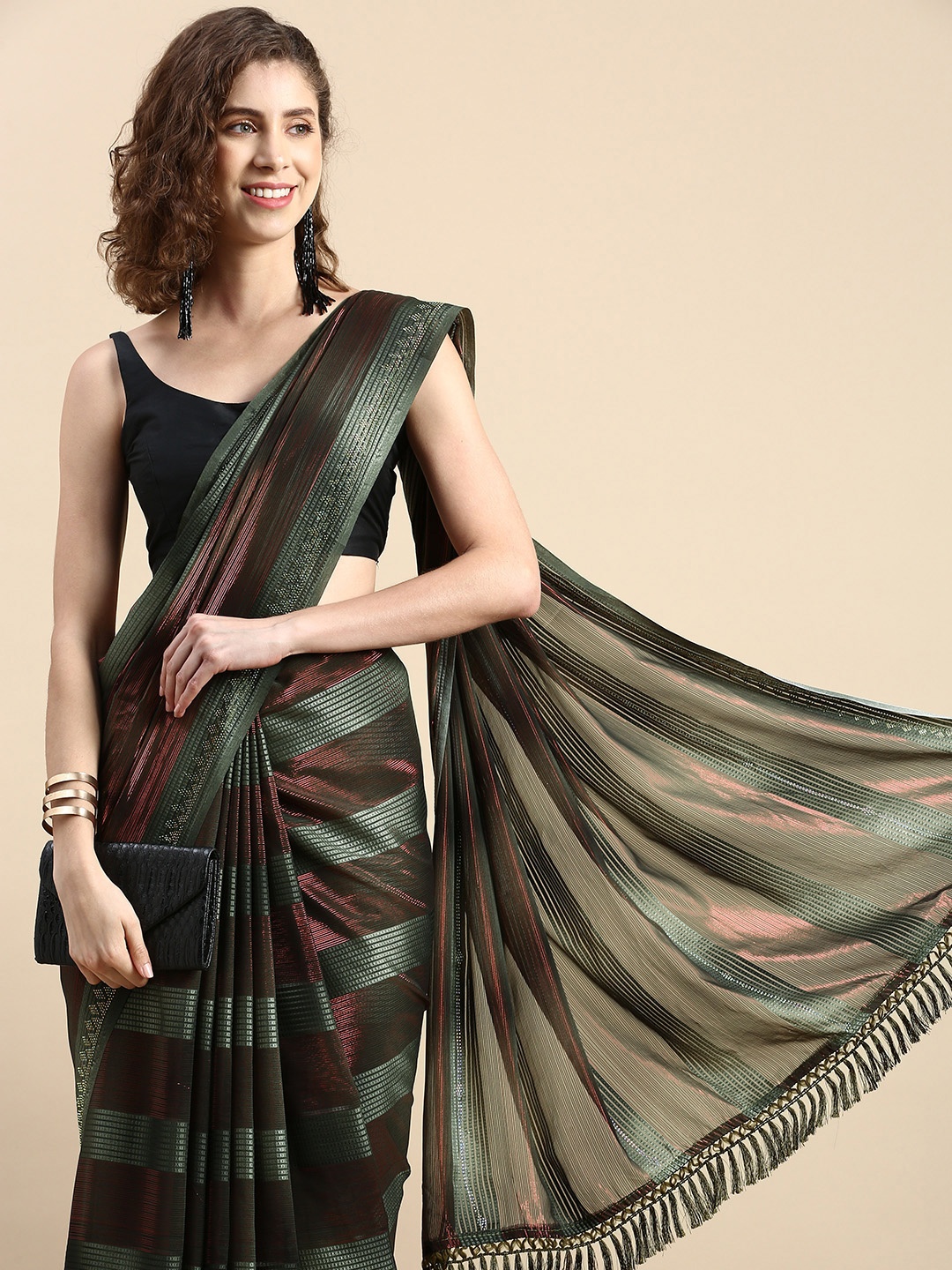 

Pothys Striped Sequinned Pure Georgette Saree, Multi