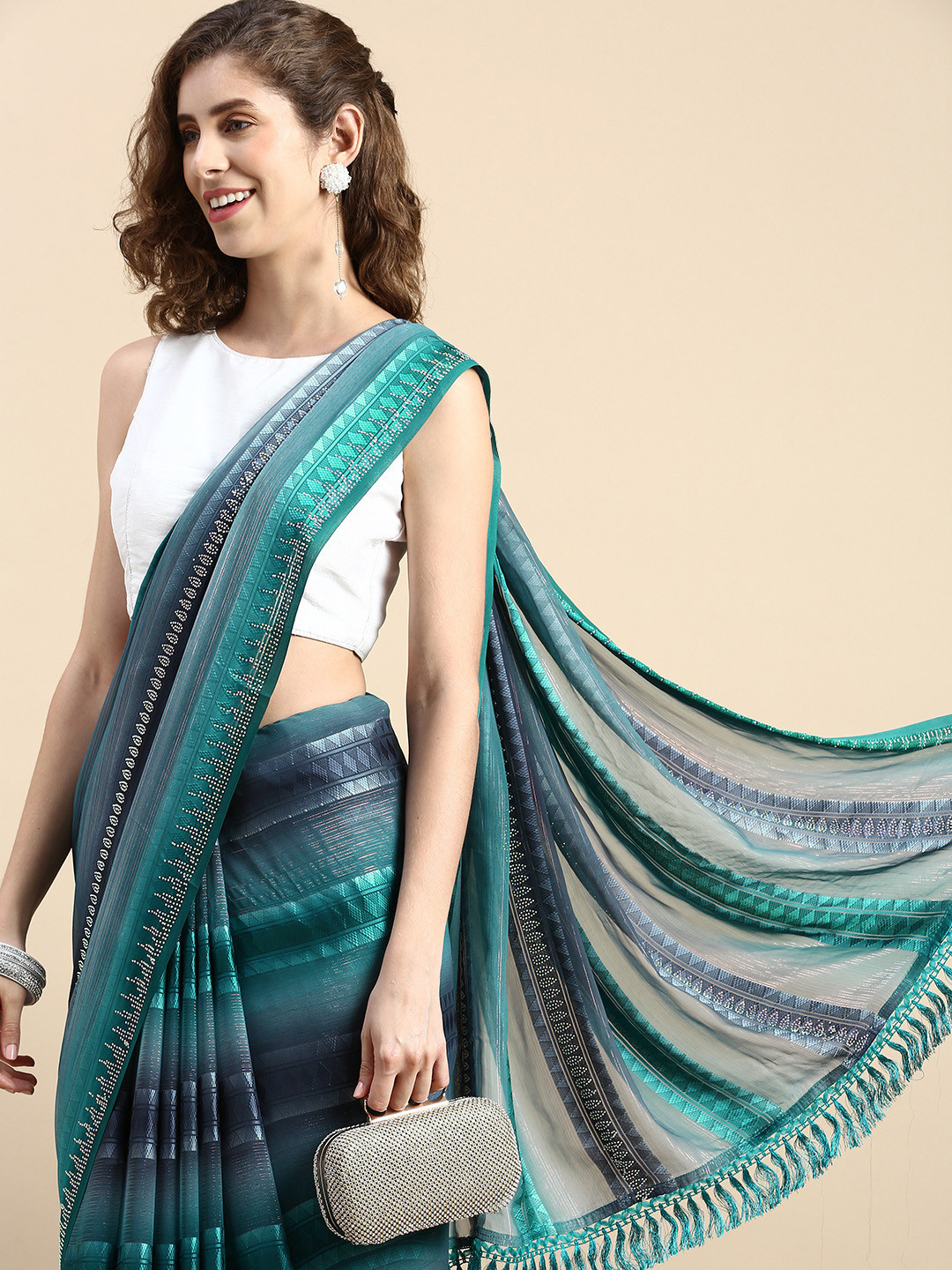 

Pothys Striped Stones-Studded Pure Georgette Saree, Multi