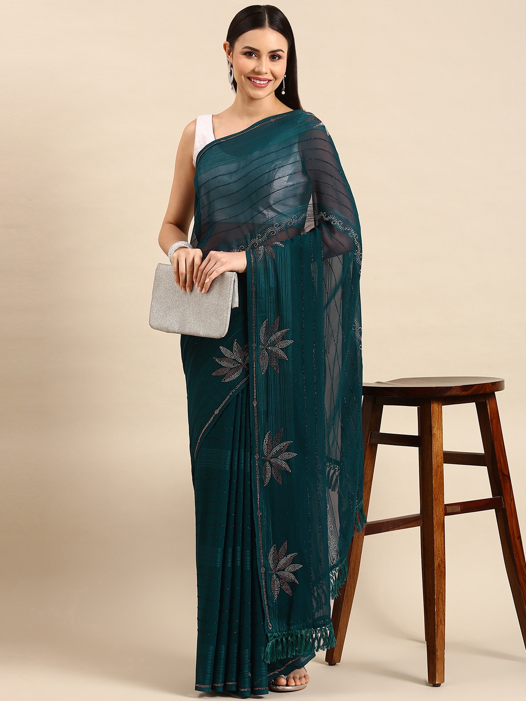 

Pothys Floral Sequinned Pure Georgette Saree, Teal