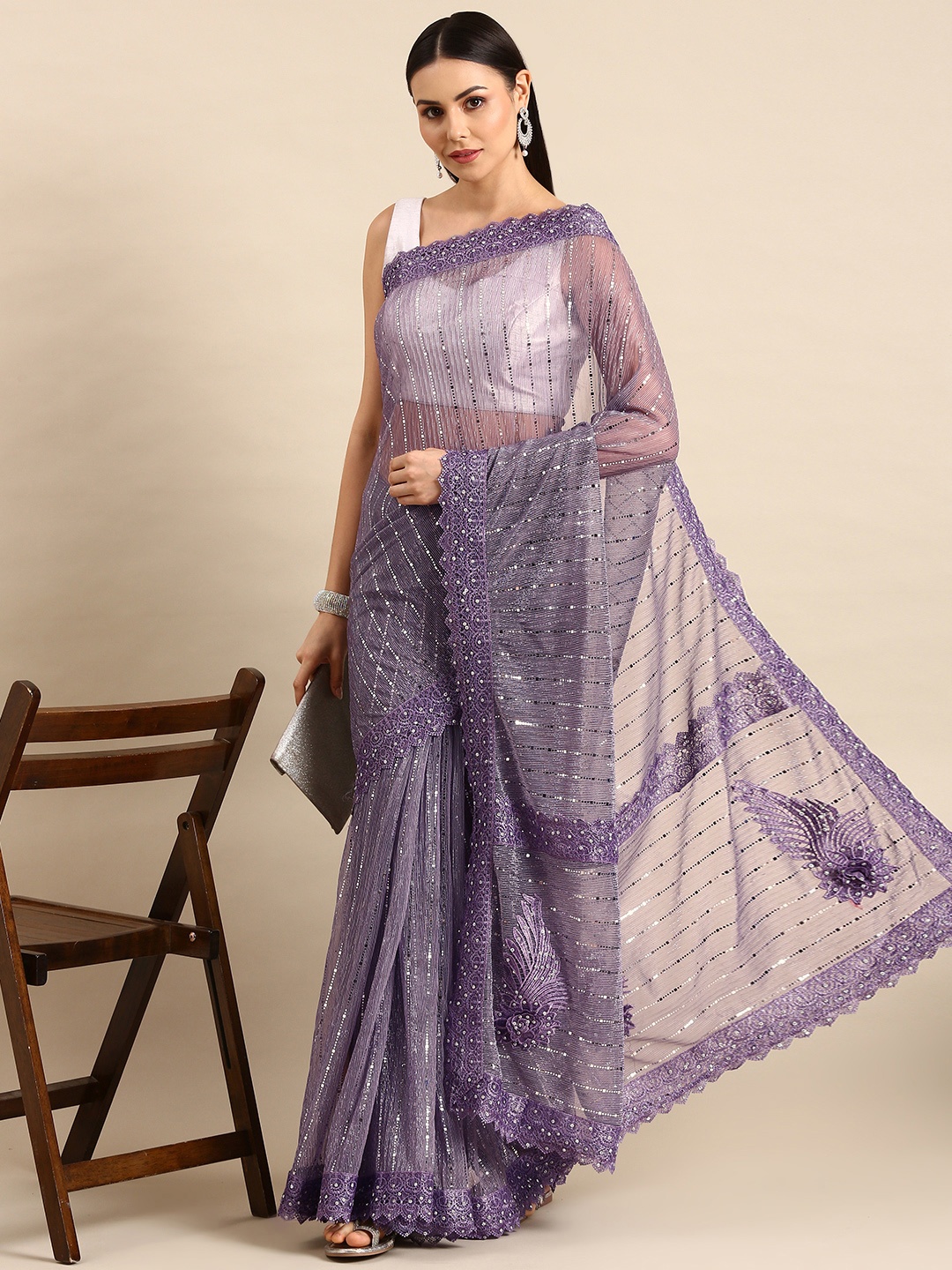 

Pothys Striped Sequinned Pure Georgette Saree, Lavender