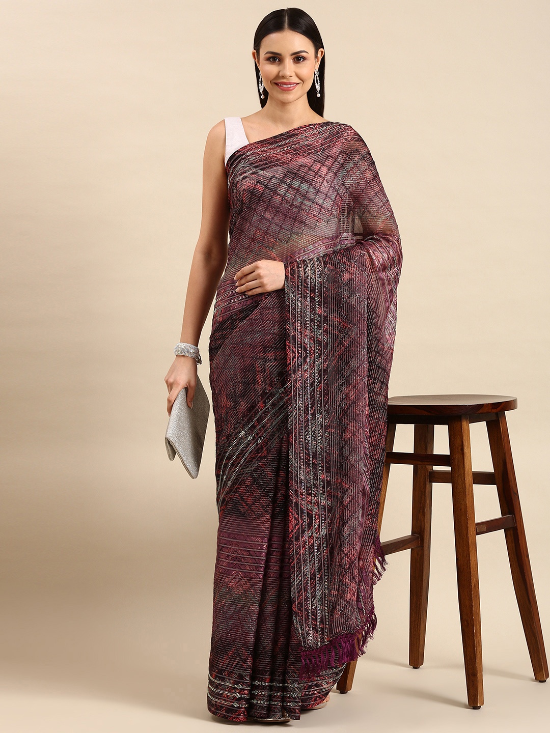 

Pothys Sequinned Pure Georgette Saree, Multi