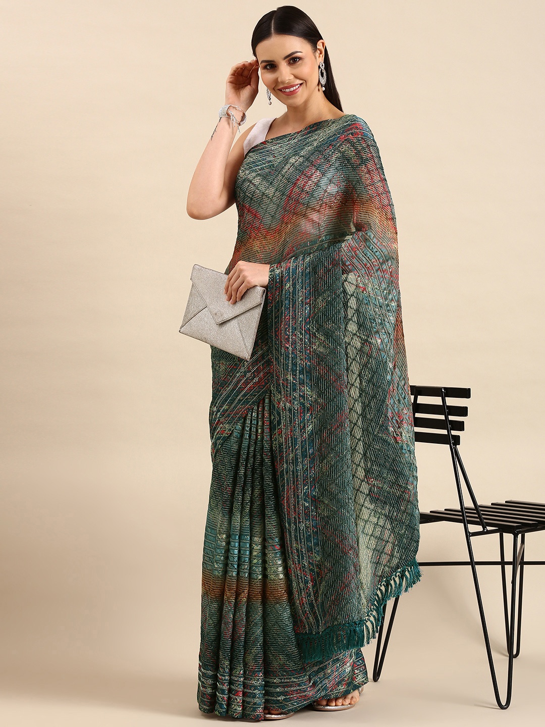 

Pothys Sequinned Pure Georgette Saree, Multi