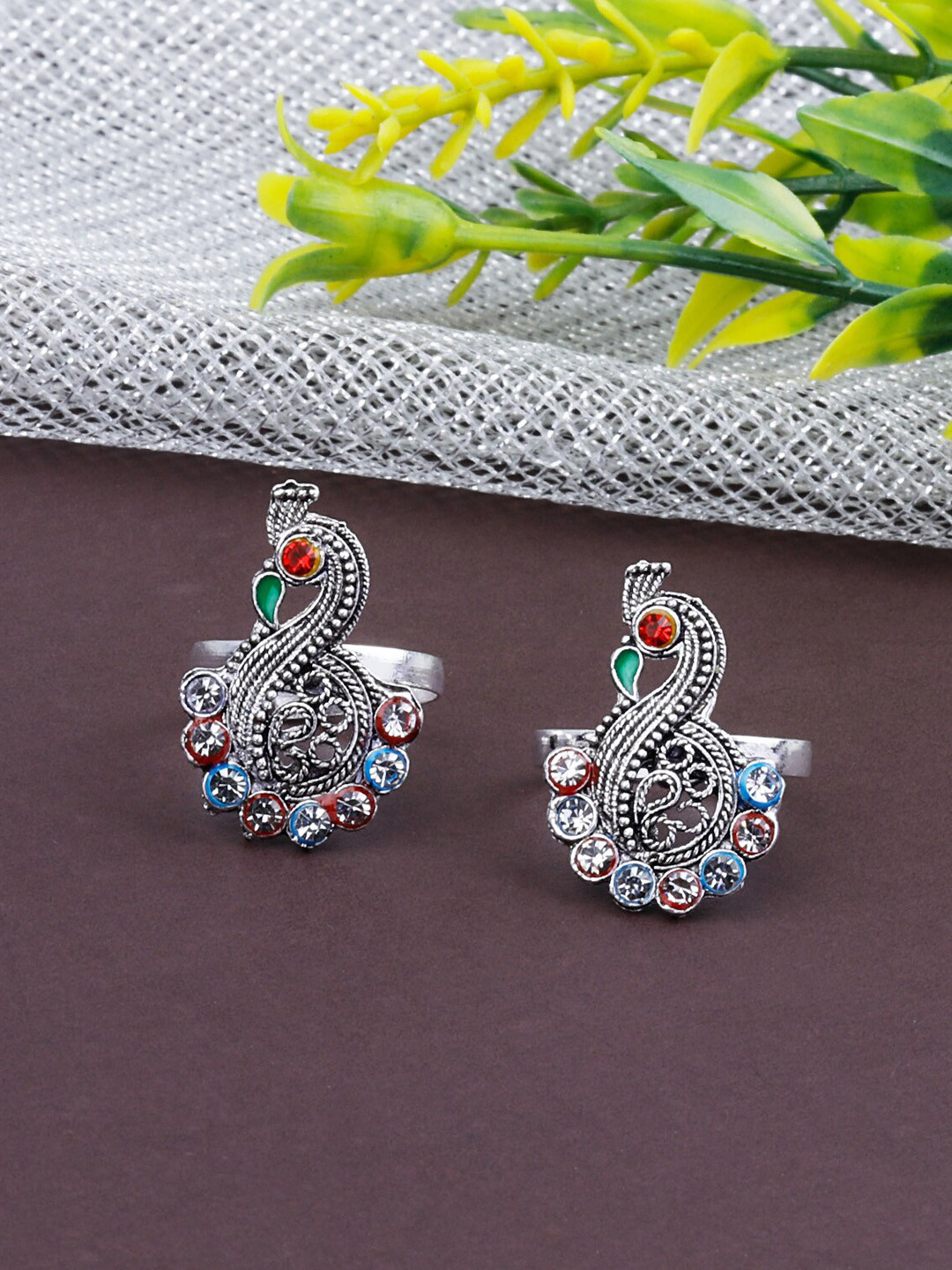 

Silver Shine Set Of 2 Oxidised Silver-Plated Stone-Studded Toe Rings
