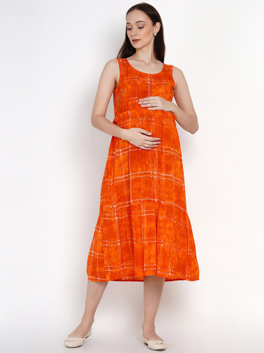 

SIDE KNOT Checked Printed Maternity Fit & Flare Midi Dress, Orange