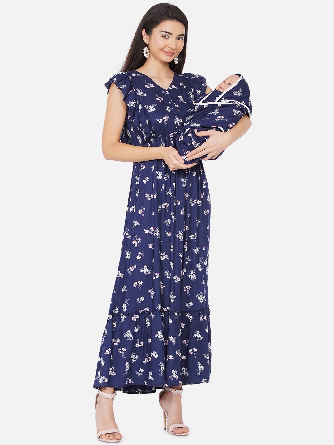 

Mine4Nine Floral Printed Maternity A-Line Midi Dress & Matching Baby Wrapper Set, Navy blue