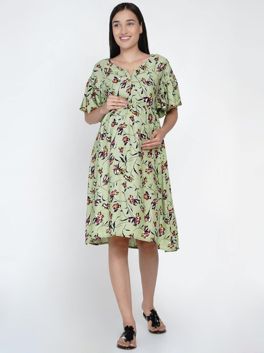 

Mine4Nine Floral Printed Flared Sleeves Maternity Fit & Flare Dress, Sea green