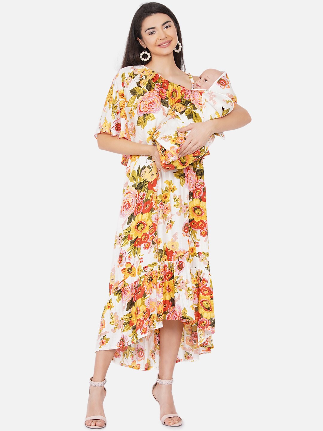 

Mine4Nine Floral Printed Maternity A-Line Midi Dress & Matching Baby Wrapper Set, Off white