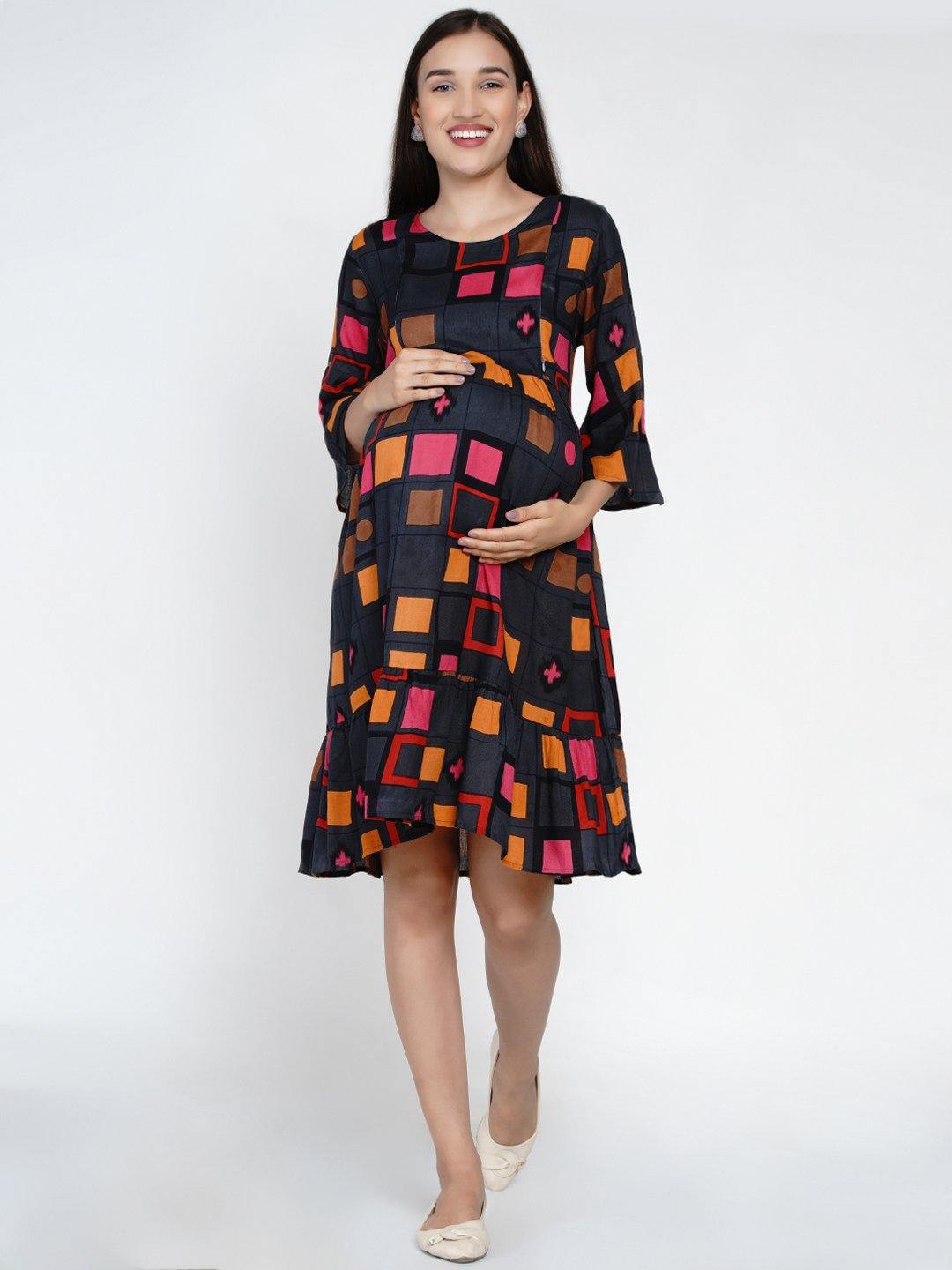 

Mine4Nine Geometric Printed Flared Sleeves Maternity A-Line Dress, Navy blue