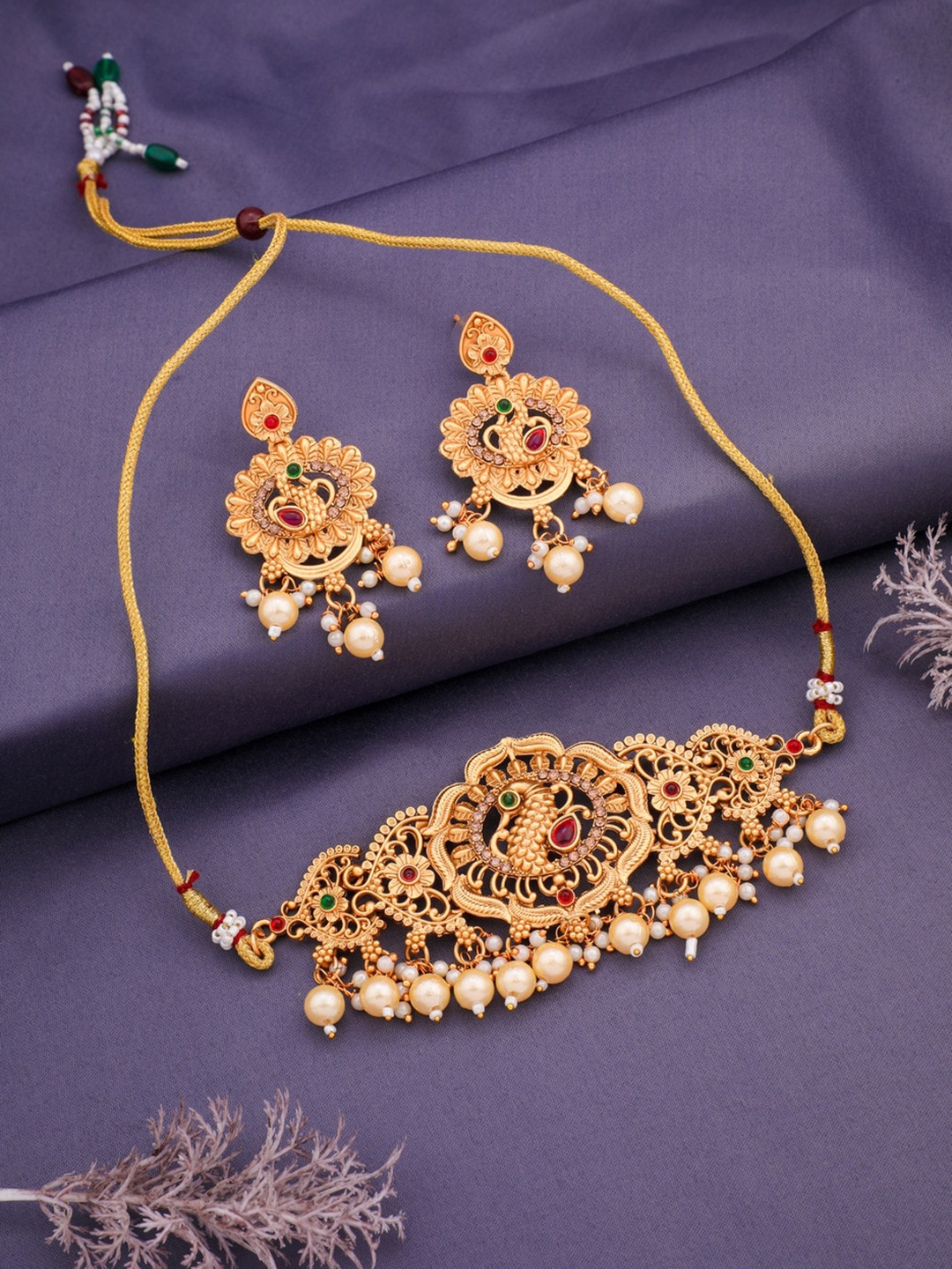 

ROFARWORD Gold-Plated Stone-Studded & Pearl Beaded Jewellery Set