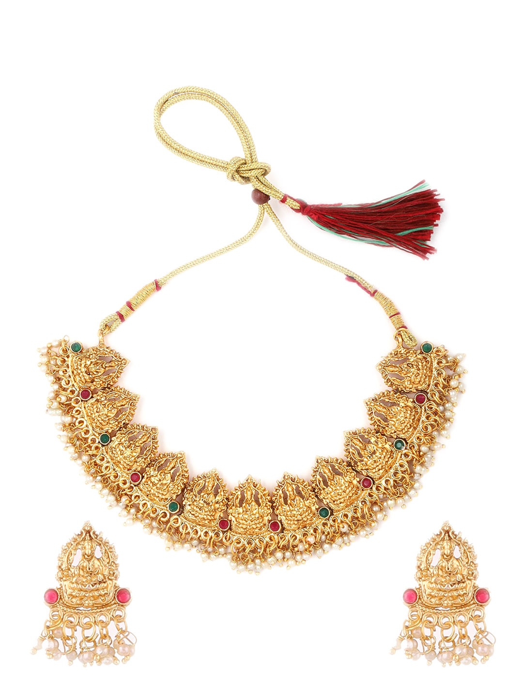 

ROFARWORD Gold-Plated Stone-Studded & Pearl Beaded Jewellery Set