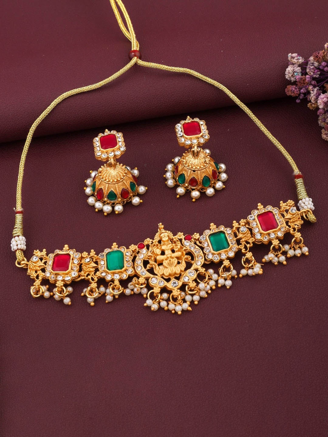 

ROFARWORD Gold-Plated Stone-Studded & Pearl Beaded Jewellery Set