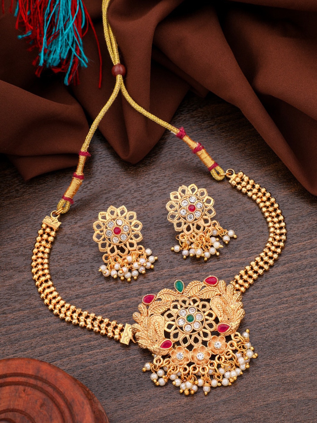 

ROFARWORD Gold-Plated Stone-Studded & Artificial Beaded Jewellery Set