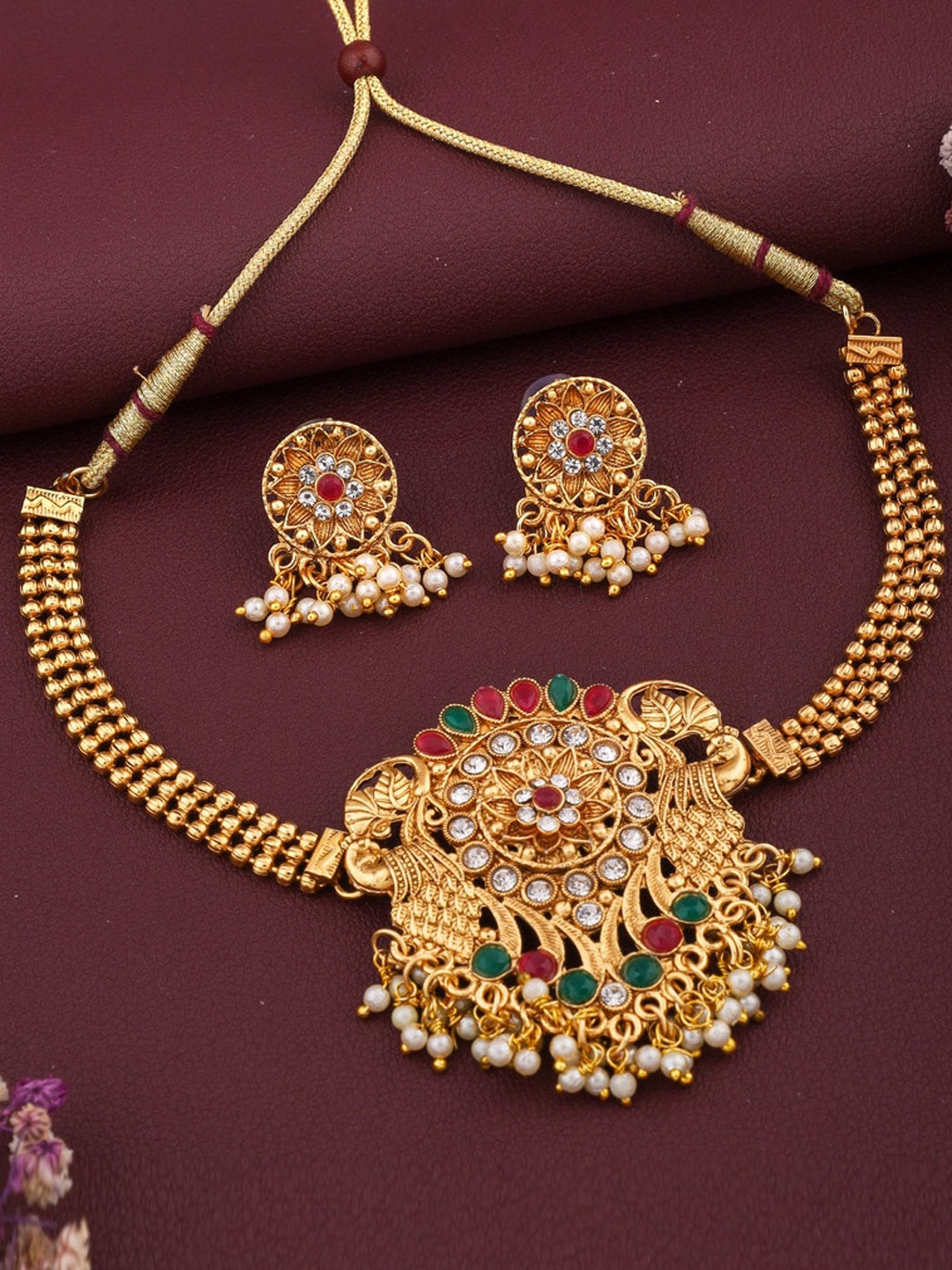 

ROFARWORD Gold-Plated Stone-Studded & Pearl Beaded Jewellery Set