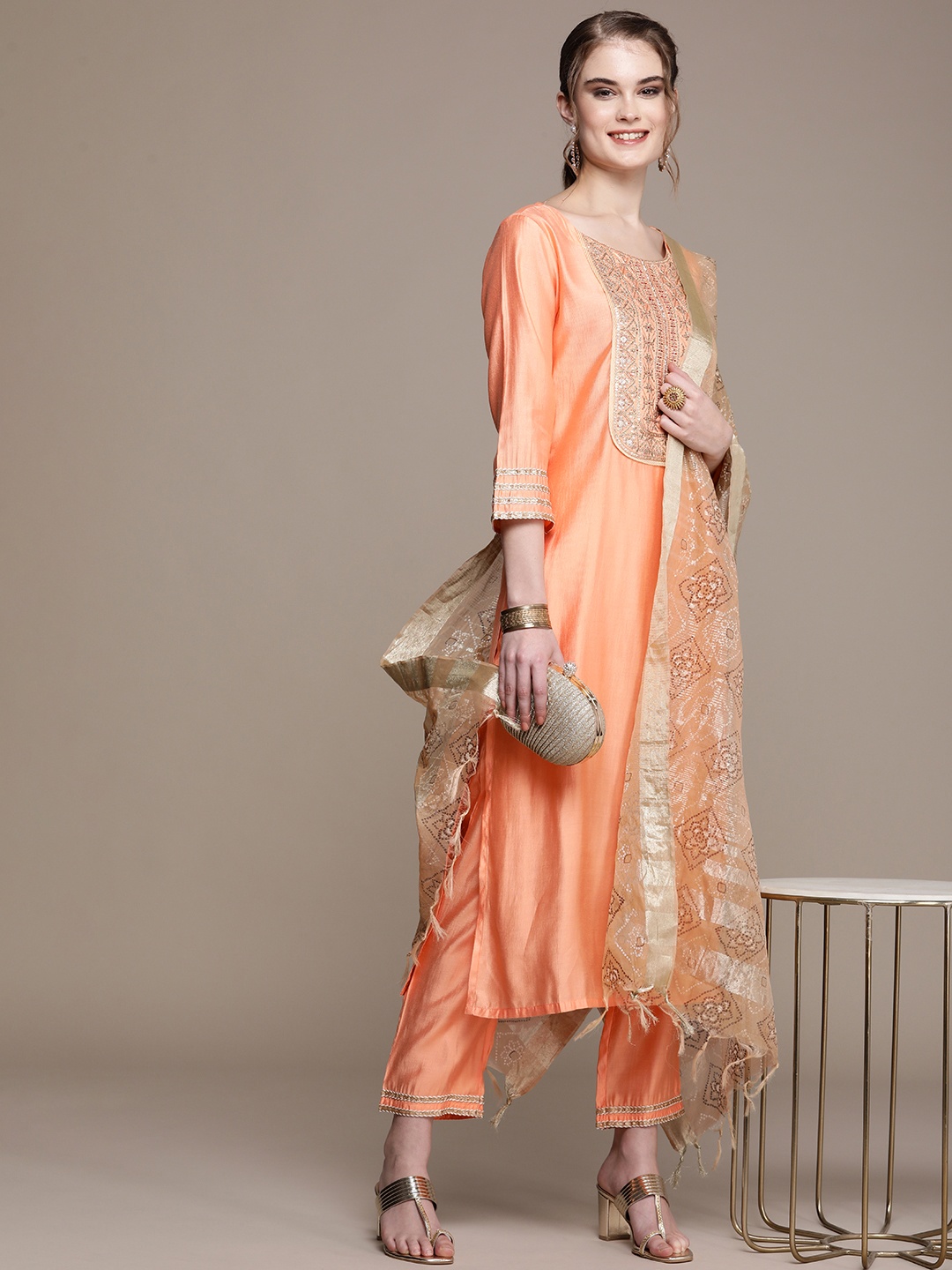 

Anouk Women Peach-Coloured Yoke Design Regular Sequinned Kurta with Trousers & With Dupatta