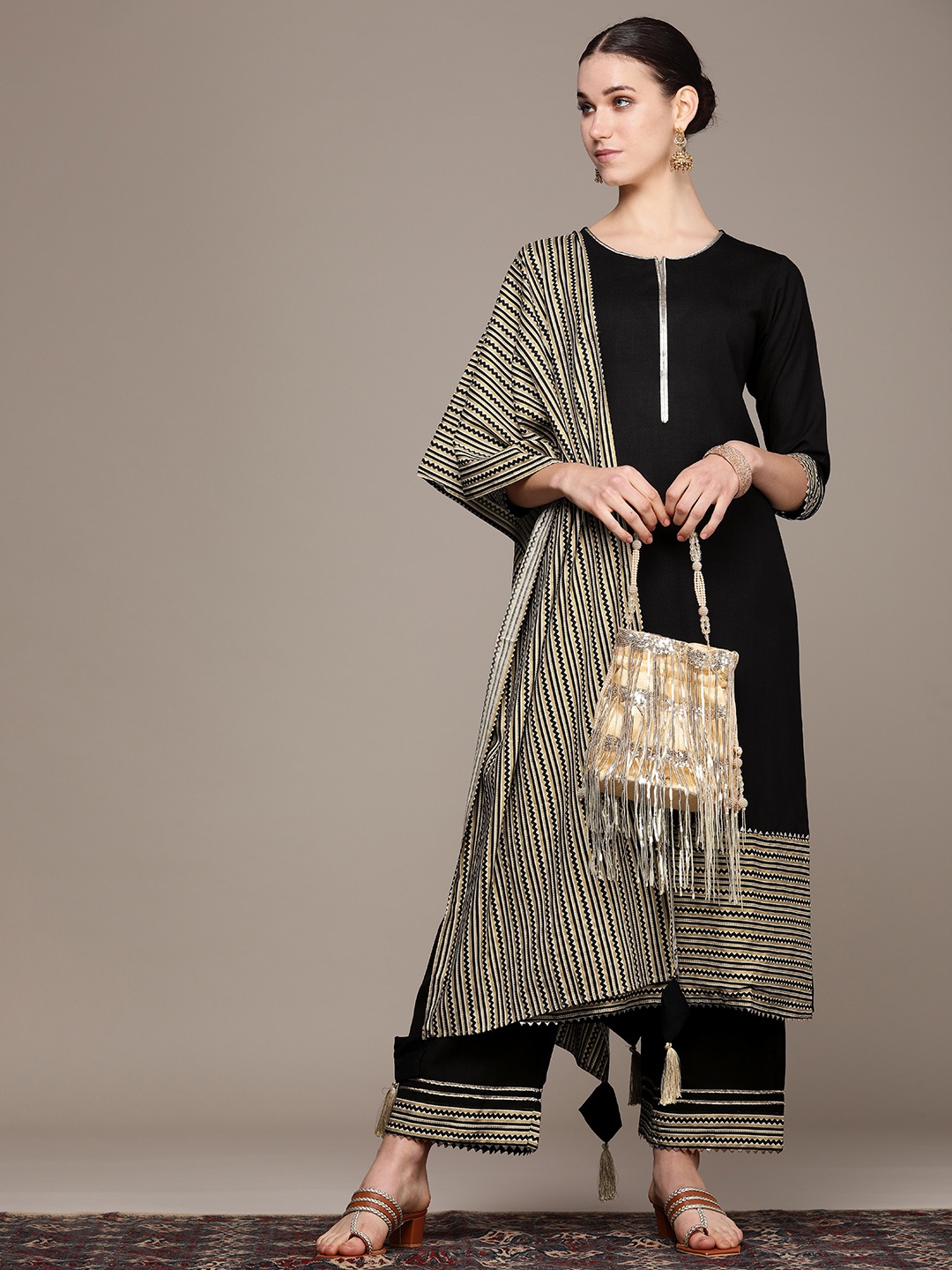 

Anouk Women Black Regular Pure Cotton Kurta with Palazzos & With Dupatta