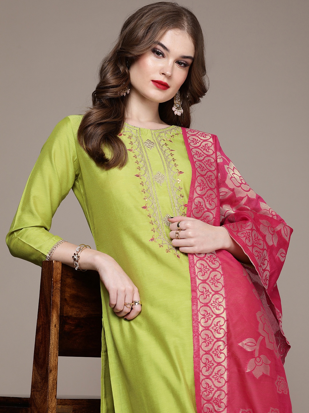 

Anouk Women Green Ethnic Motifs Embroidered Regular Sequinned Kurta with Trousers & With Dupatta