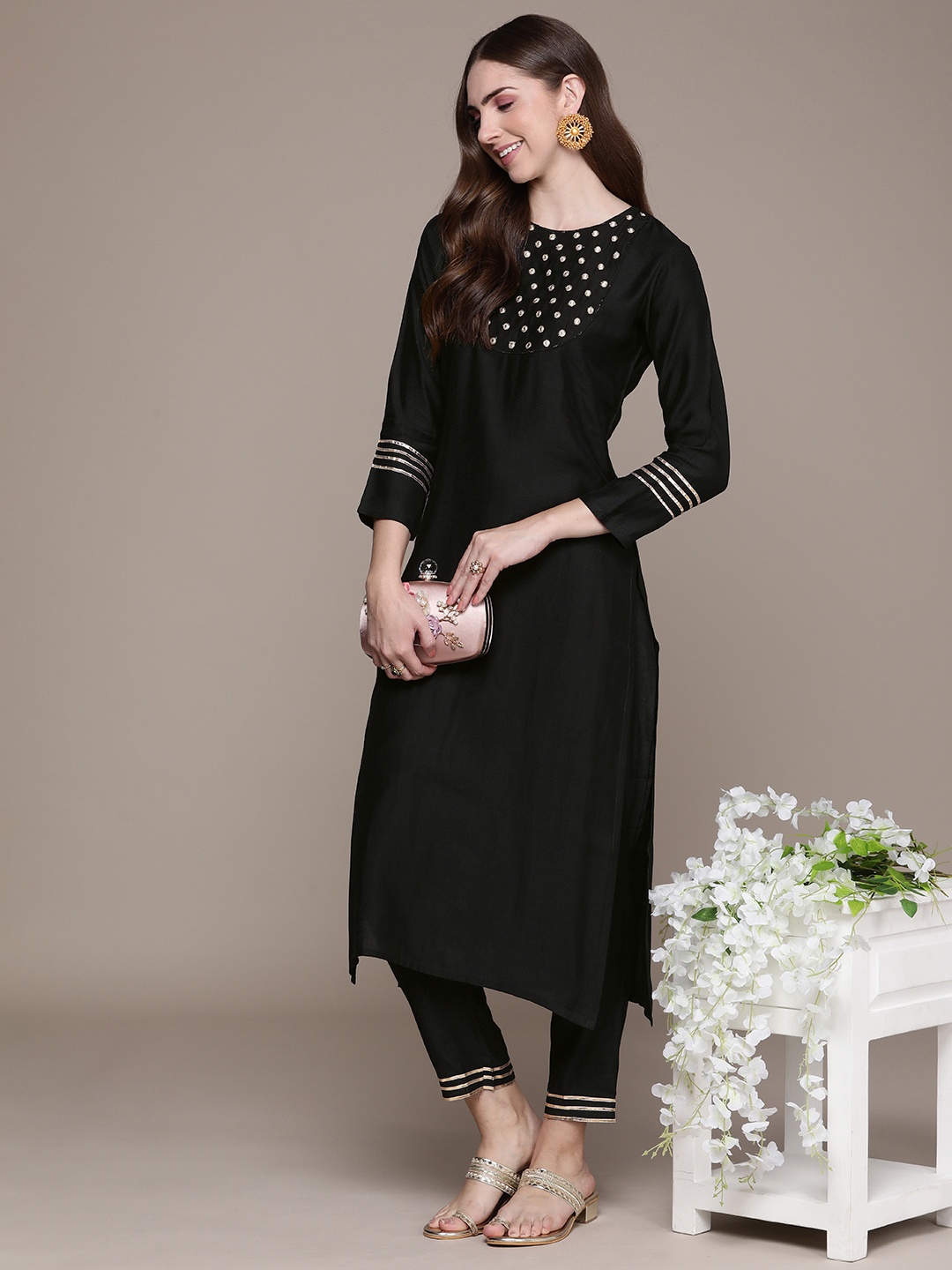 

Anouk Women Black Embroidered Regular Gotta Patti Kurta with Palazzos