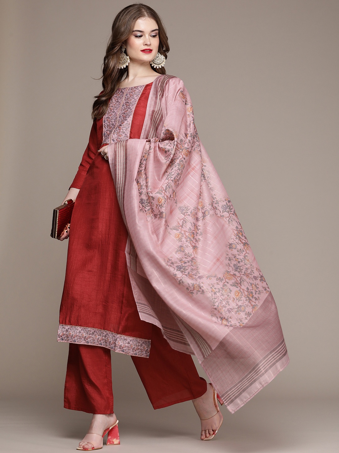 

Anouk Women Pink Floral Printed Regular Kurta with Sharara & With Dupatta
