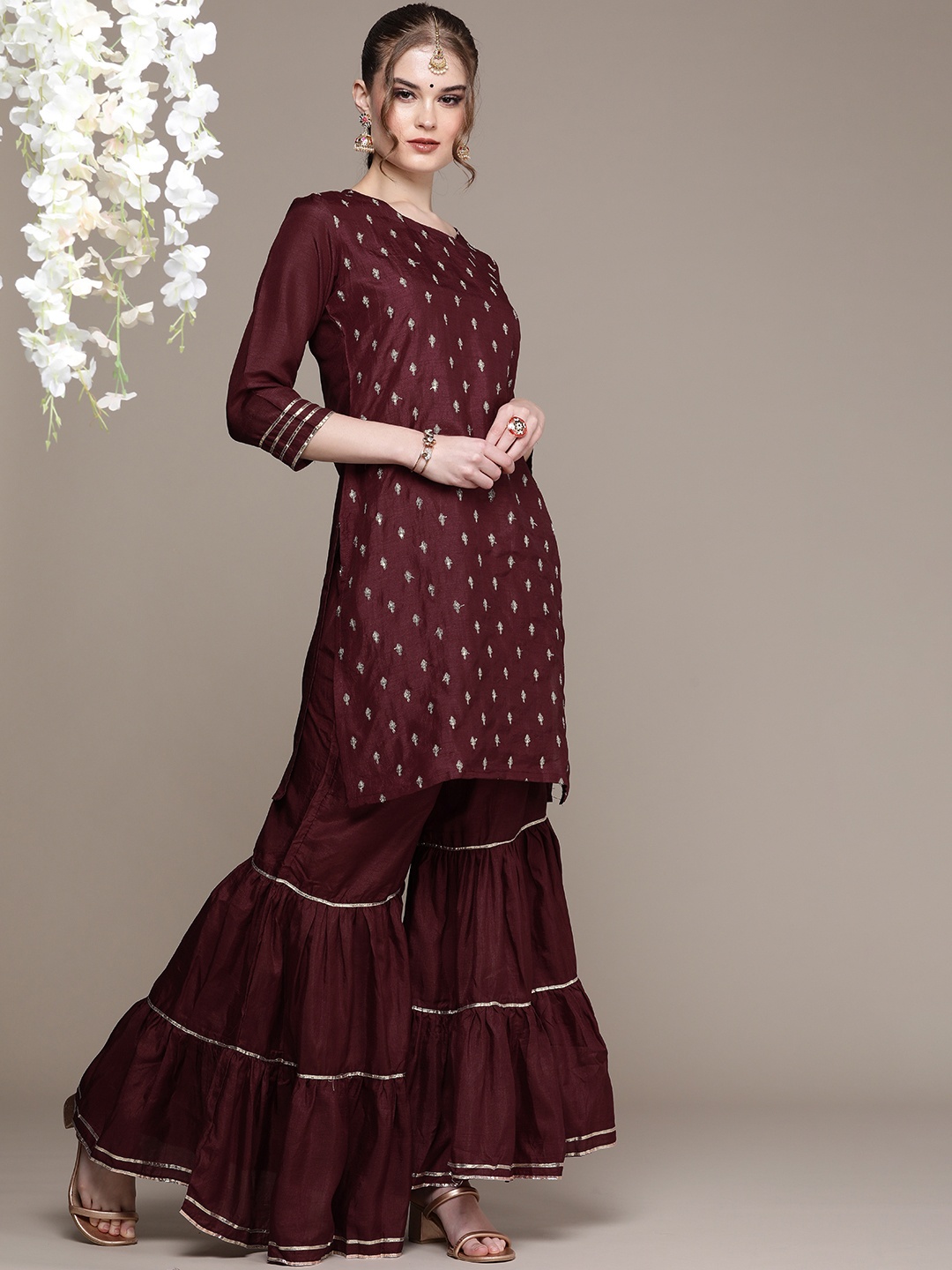 

Anouk Women Maroon Floral Embroidered Regular Gotta Patti Kurta with Sharara