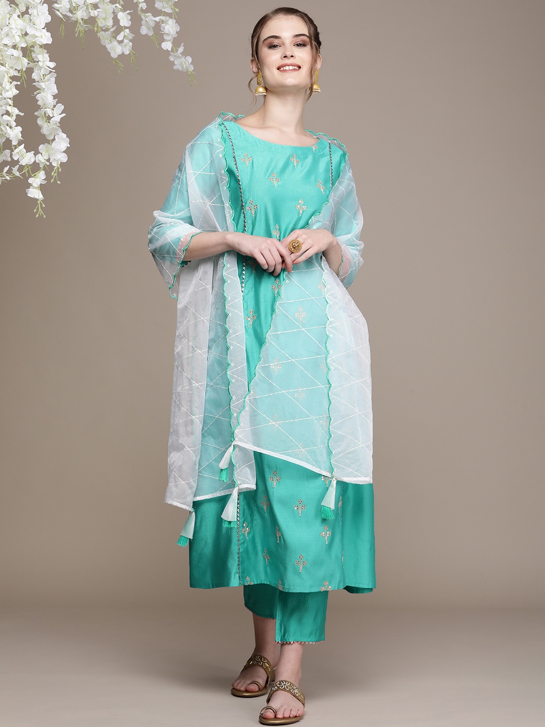 

Anouk Women Sea Green Floral Embroidered Regular Sequinned Liva Kurta with Trousers & With Dupatta