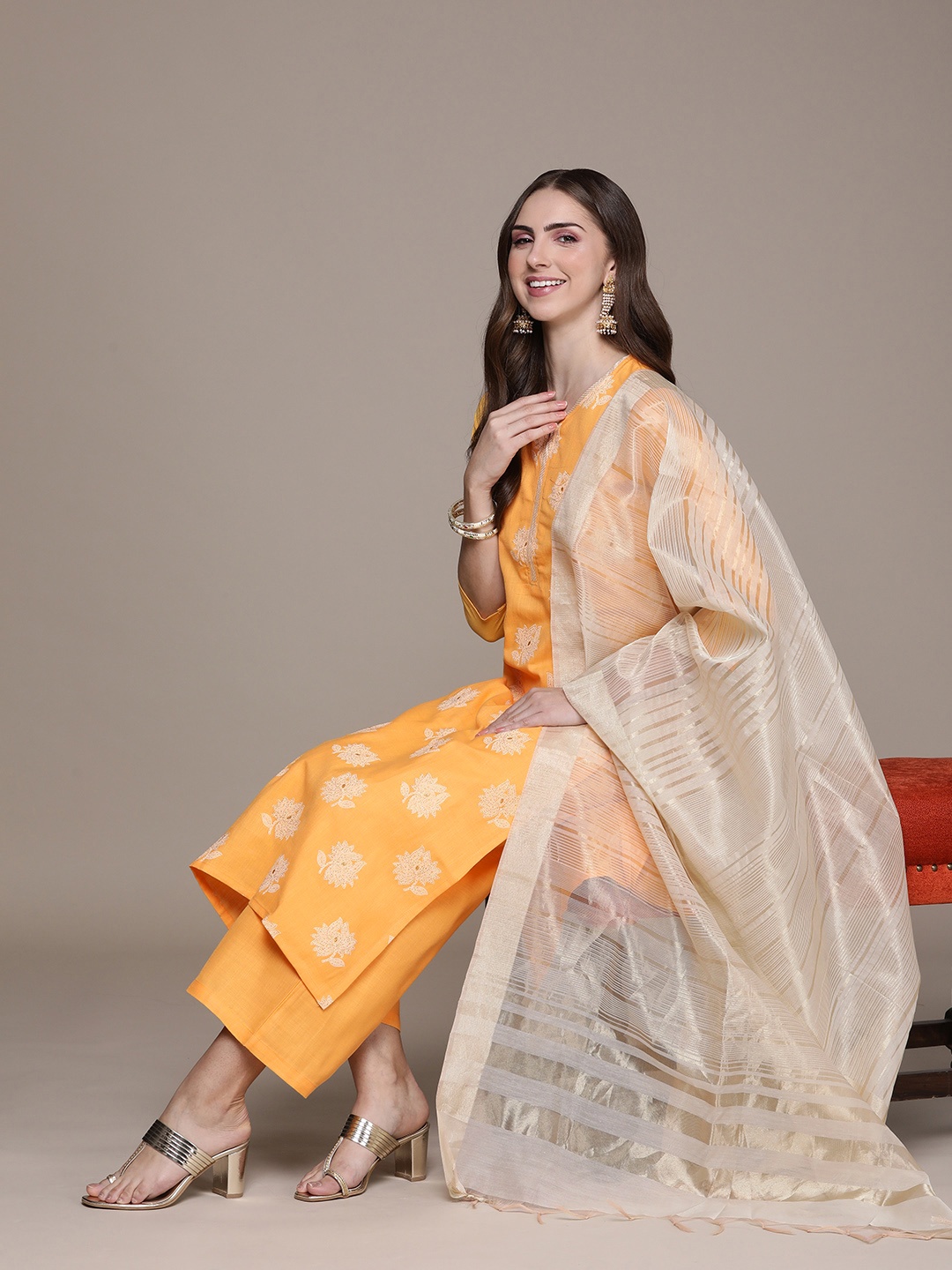 

Anouk Women Yellow Floral Printed Regular Kurta with Palazzos & With Dupatta