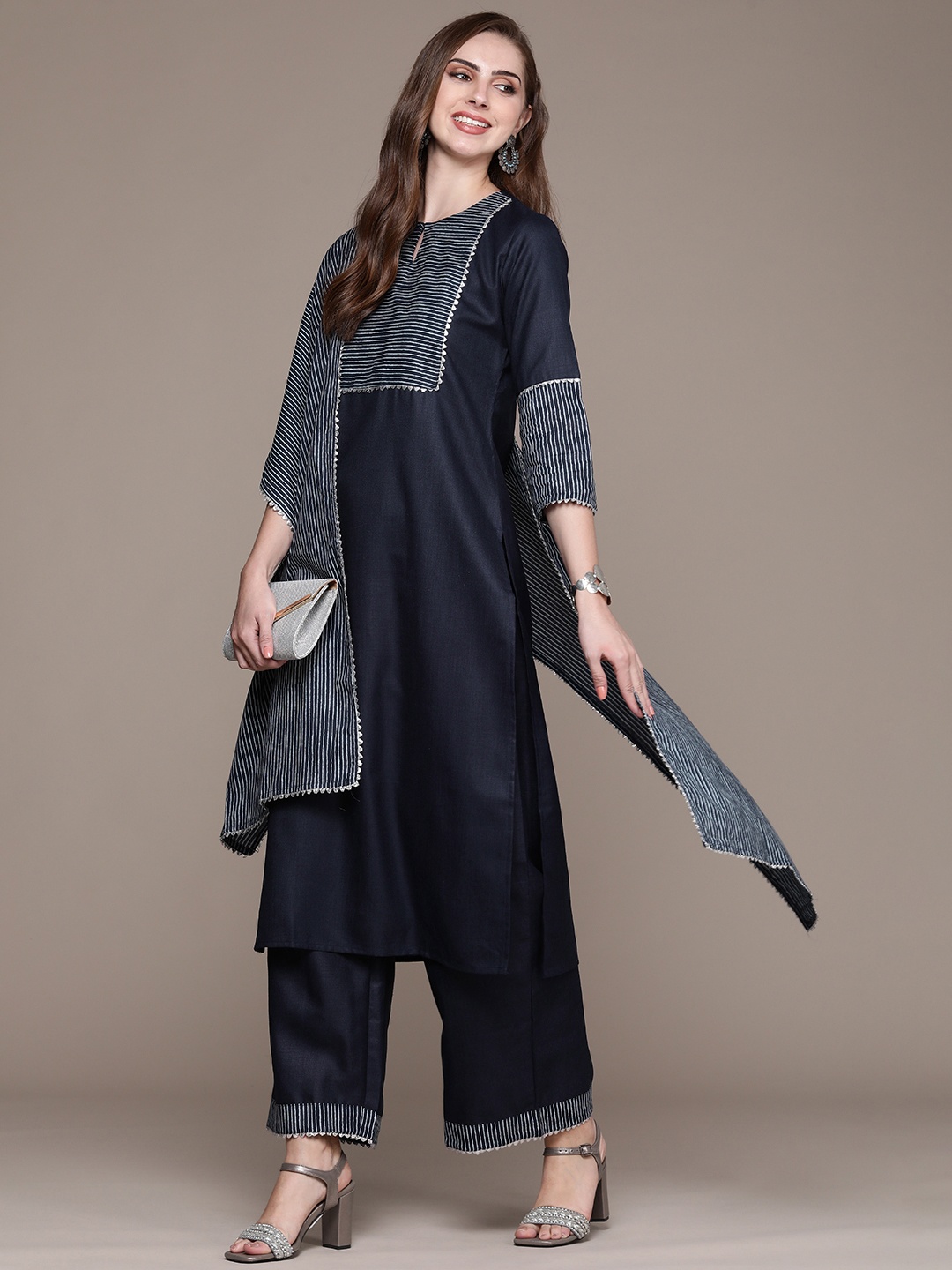 

Anouk Women Yoke Design Regular Gotta Patti Kurta with Palazzos & Dupatta, Navy blue