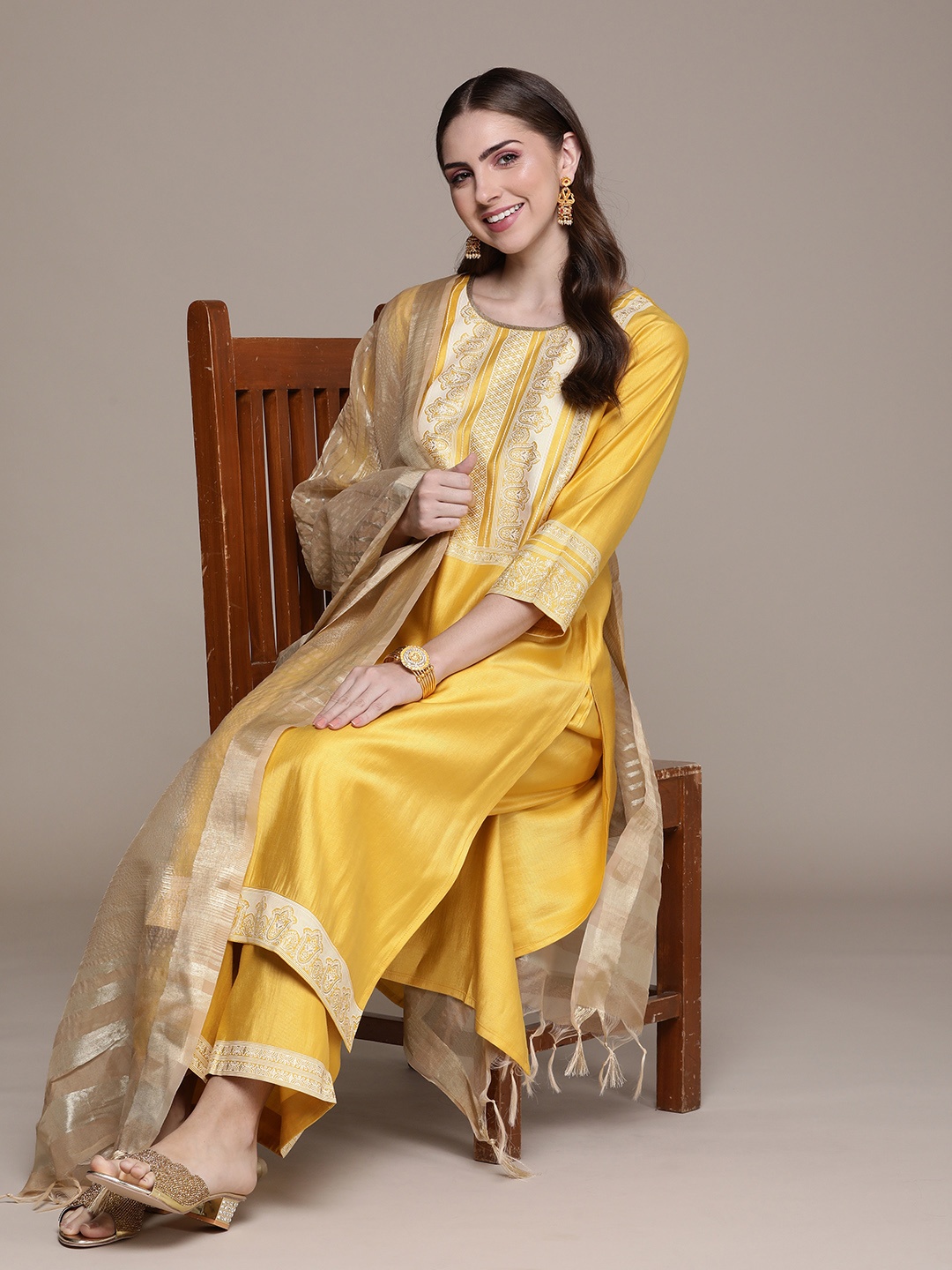 

Anouk Women Yellow Printed Regular Liva Kurta with Palazzos & With Dupatta
