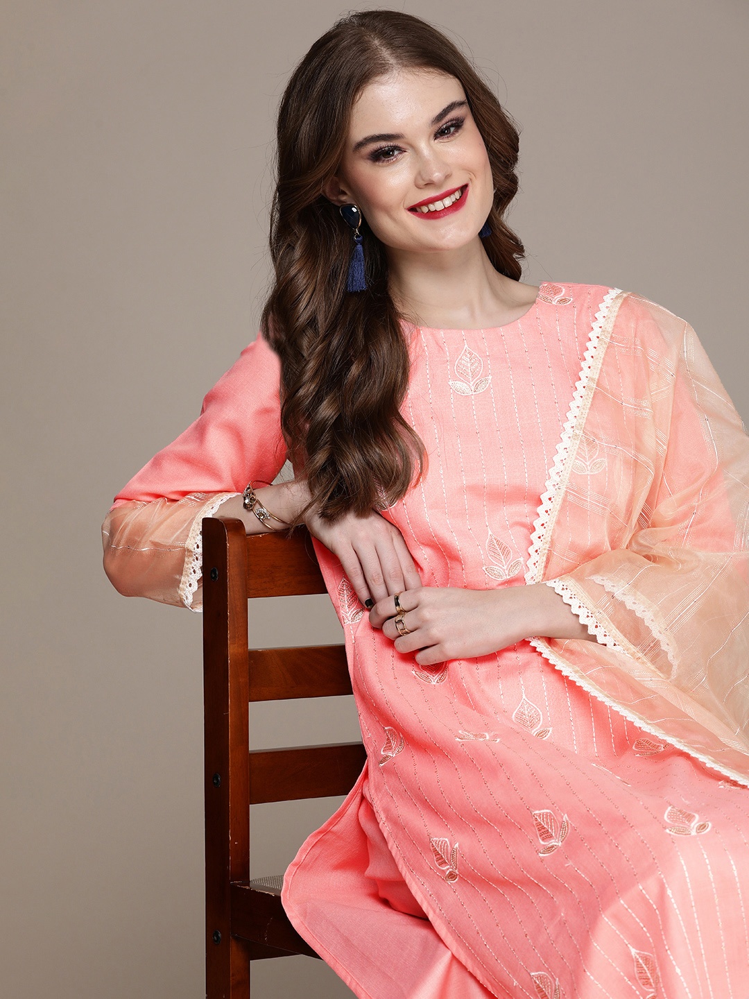 

Anouk Women Pink Ethnic Motifs Embroidered Regular Sequinned Kurta with Trousers & With Dupatta