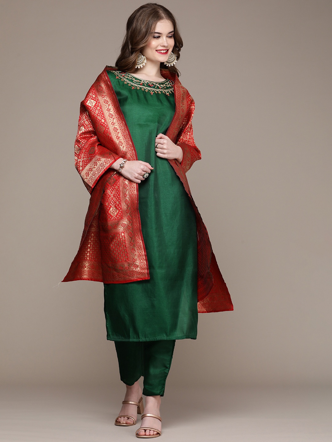 

Anouk Women Green Ethnic Motifs Embroidered Regular Sequinned Liva Kurta with Trousers & With Dupatta
