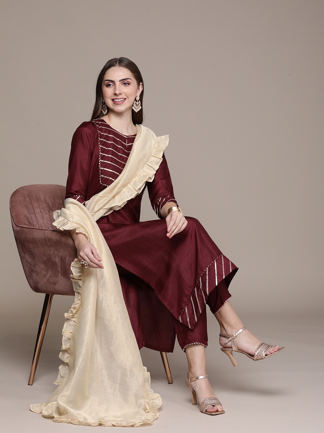 

Anouk Women Maroon Yoke Design Regular Gotta Patti Kurta with Palazzos & With Dupatta