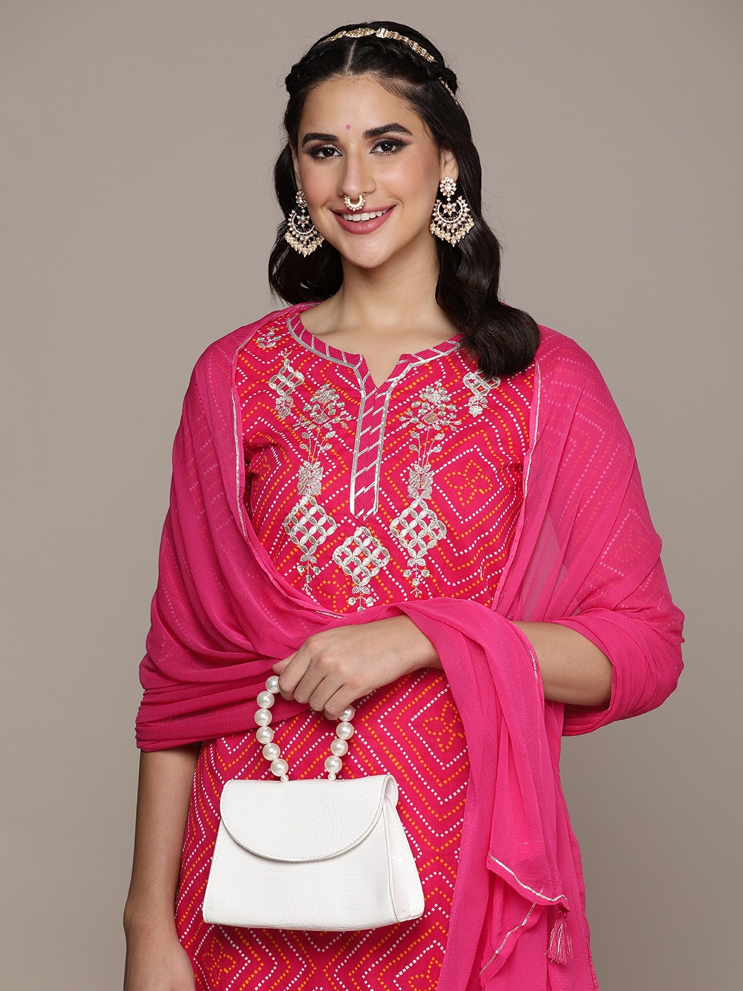 

Anouk Women Printed Regular Gotta Patti Kurta with Sharara & With Dupatta, Pink