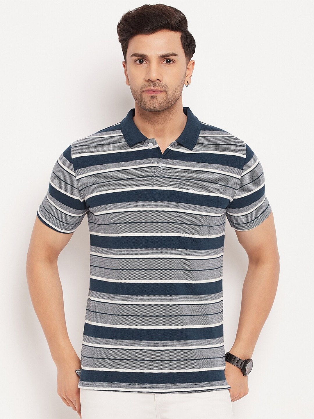 

Duke Striped Polo Collar Cotton T-shirt, Blue