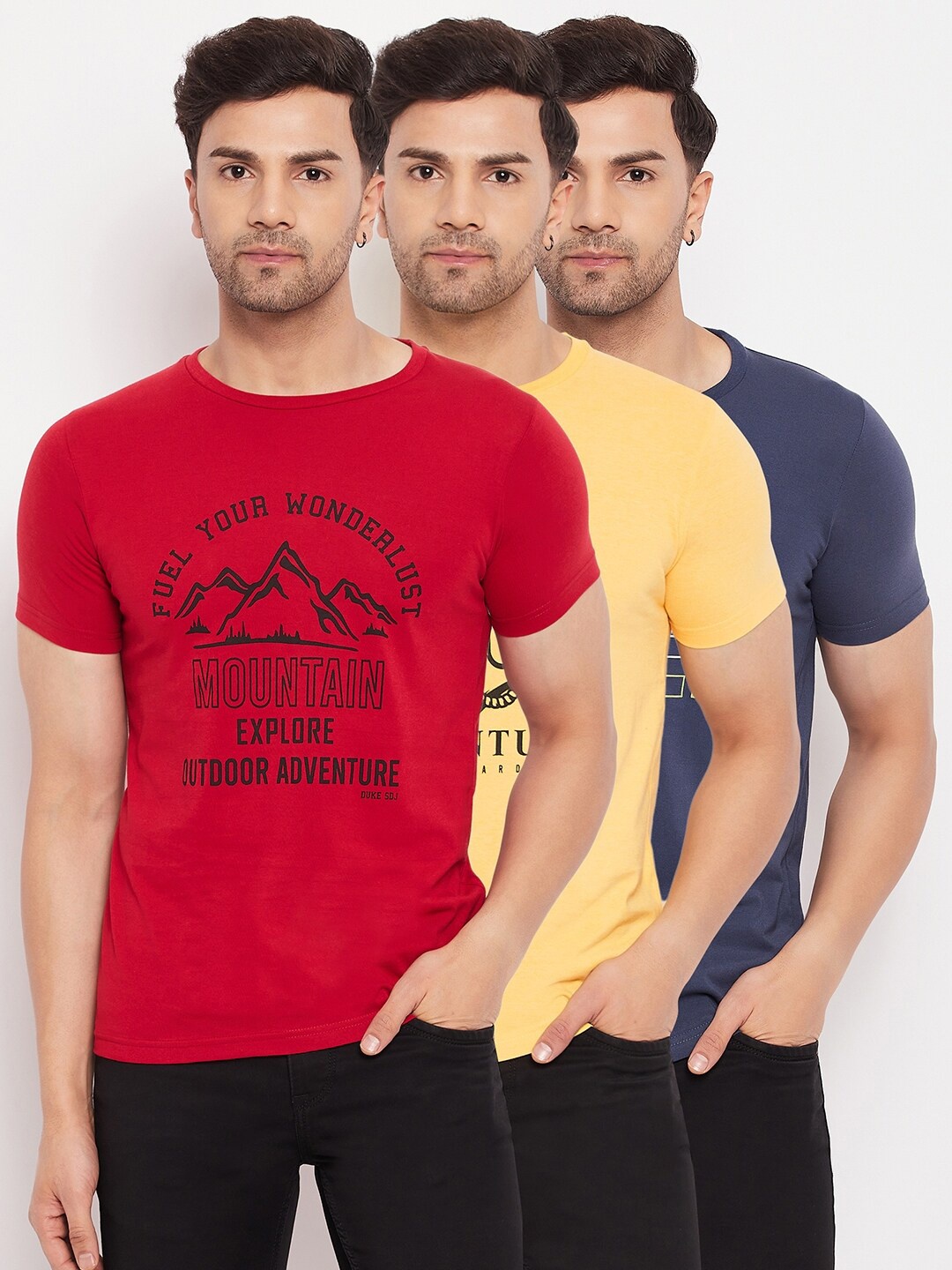 

Duke Pack of 3 Typography Printed Cotton Slim Fit T-shirts, Red