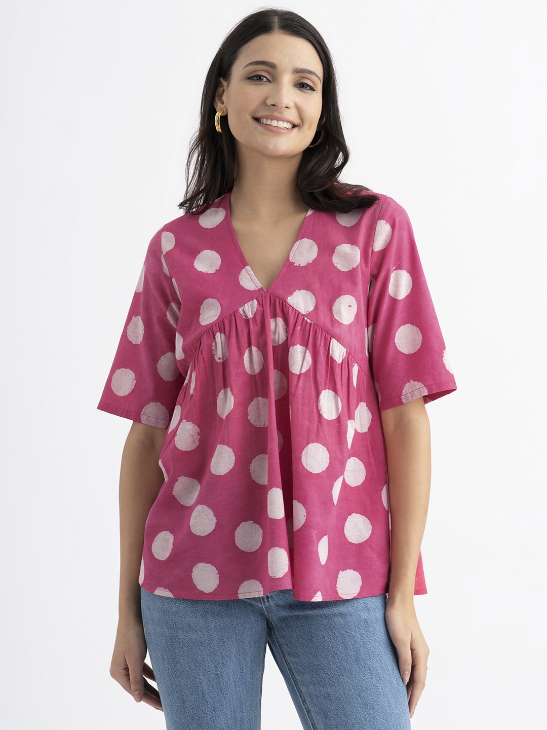

Pink Fort Polka Dot Printed V-Neck Cotton A-Line Top