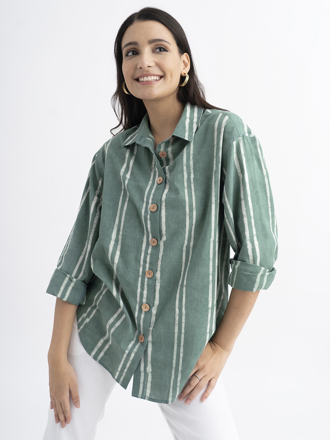 

Pink Fort Striped High-Low Hem Pure Cotton Shirt Style Top, Green