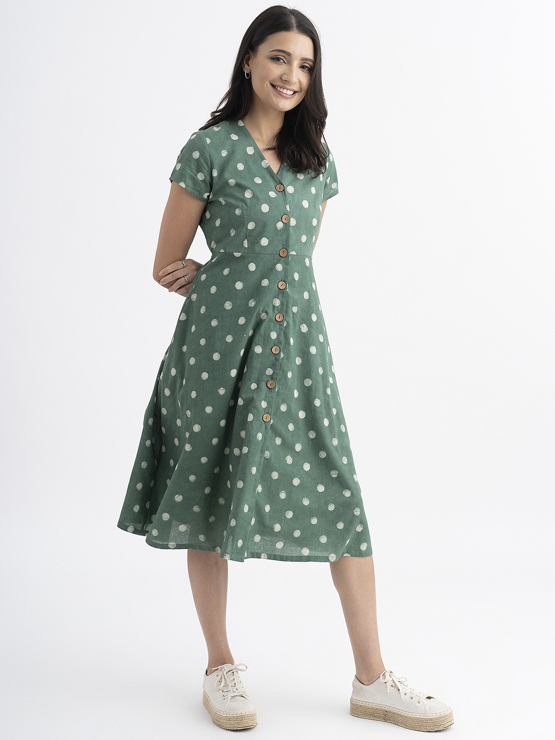 

Pink Fort Green & White Polka Dot Print A-Line Dress