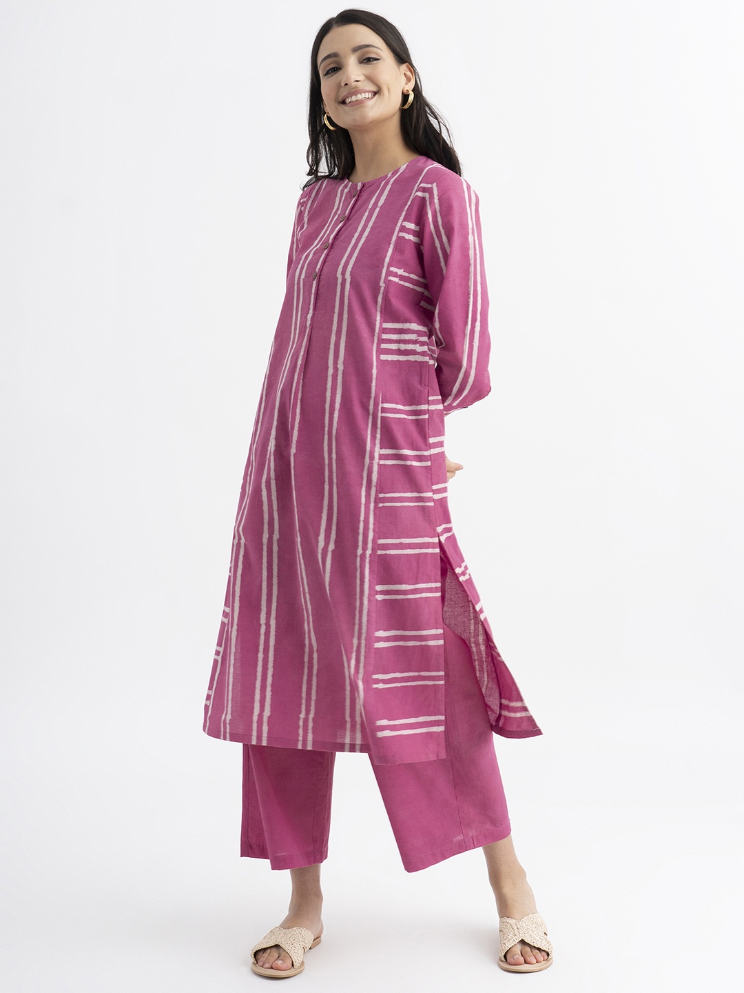 

Pink Fort Striped Pure Cotton A-Line Kurta With Palazzos