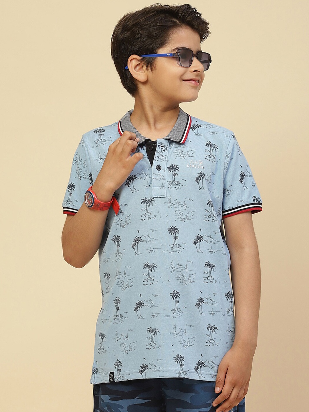 

Monte Carlo Boys Polo Collar Tropical Printed Cotton T-shirt, Blue