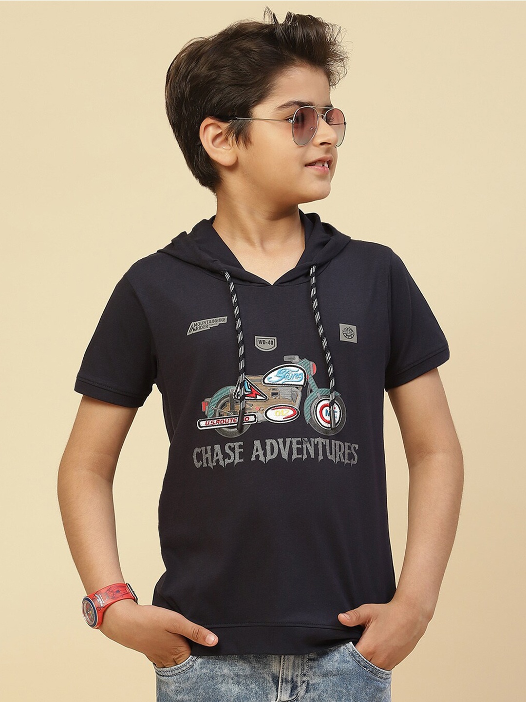 

Monte Carlo Boys Graphic Printed Hooded Neck T-Shirt, Navy blue