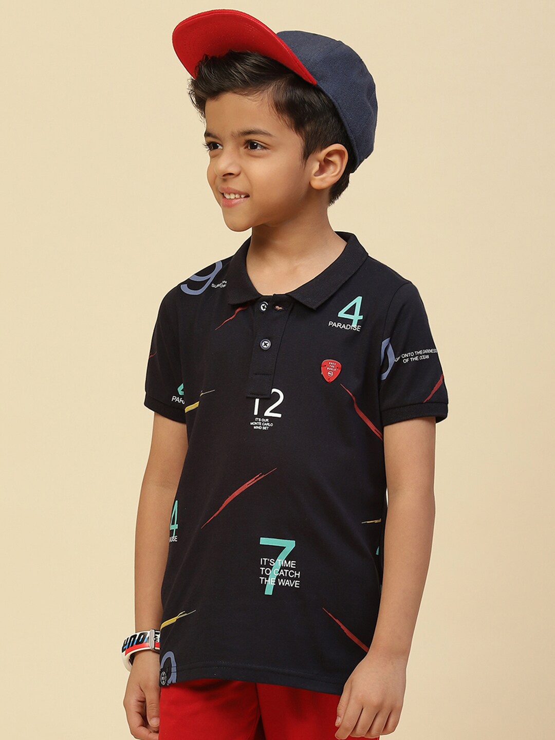 

Monte Carlo Boys Typography Printed Polo Collar Pure Cotton T-shirt, Navy blue