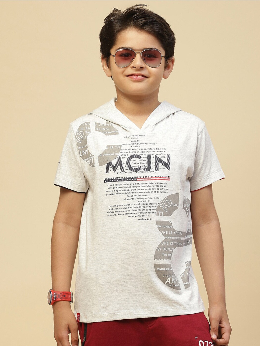 

Monte Carlo Boys Typography Printed Hooded Pure Cotton T-shirt, Grey melange