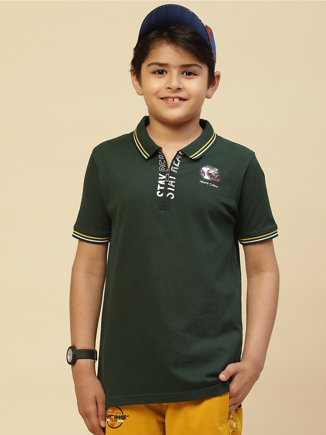 

Monte Carlo Boys Polo Collar Typography Printed Cotton T-shirt, Green