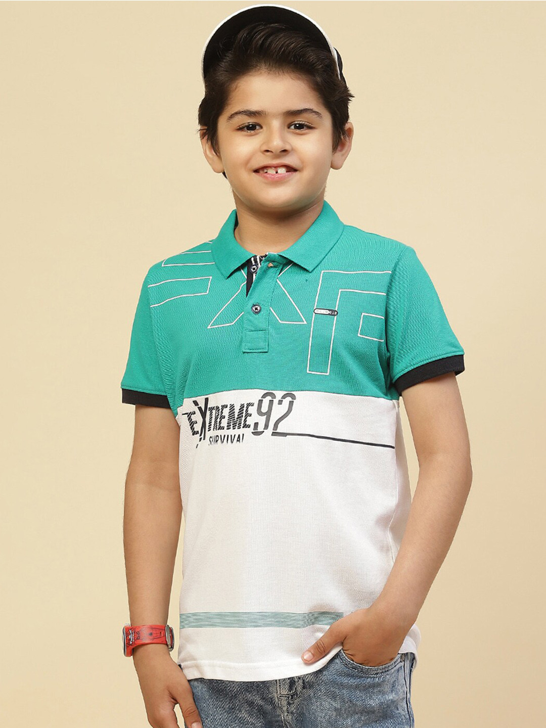 

Monte Carlo Boys Polo Collar Typography Printed Cotton T-shirt, Green