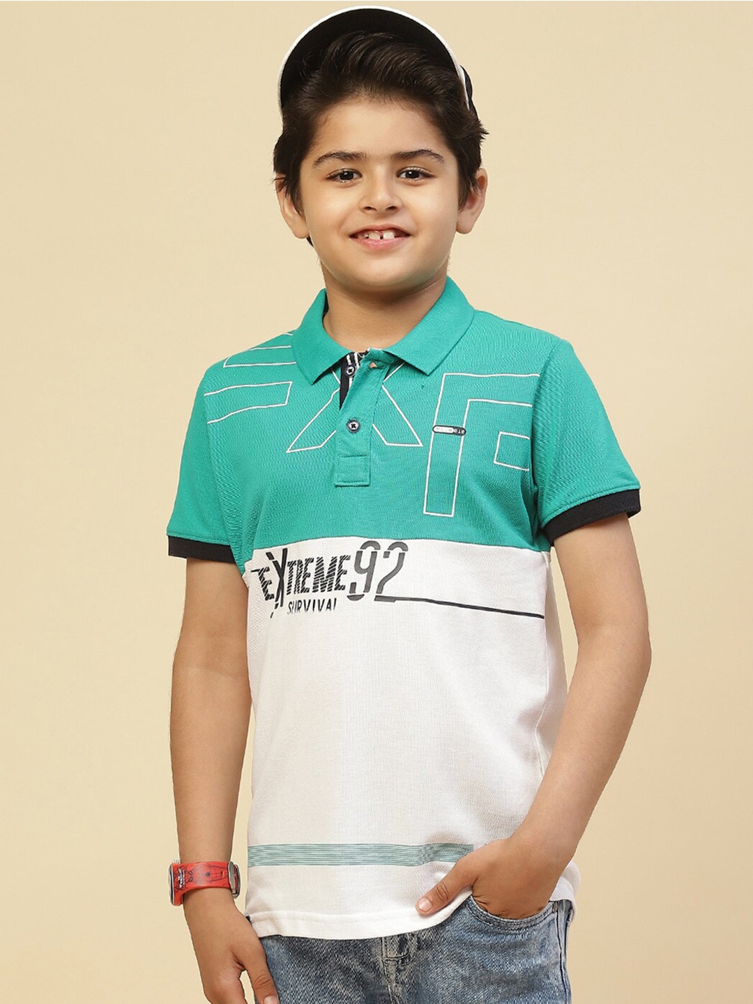 

Monte Carlo Boys Colourblocked Polo Collar Pure Cotton T-shirt, Sea green