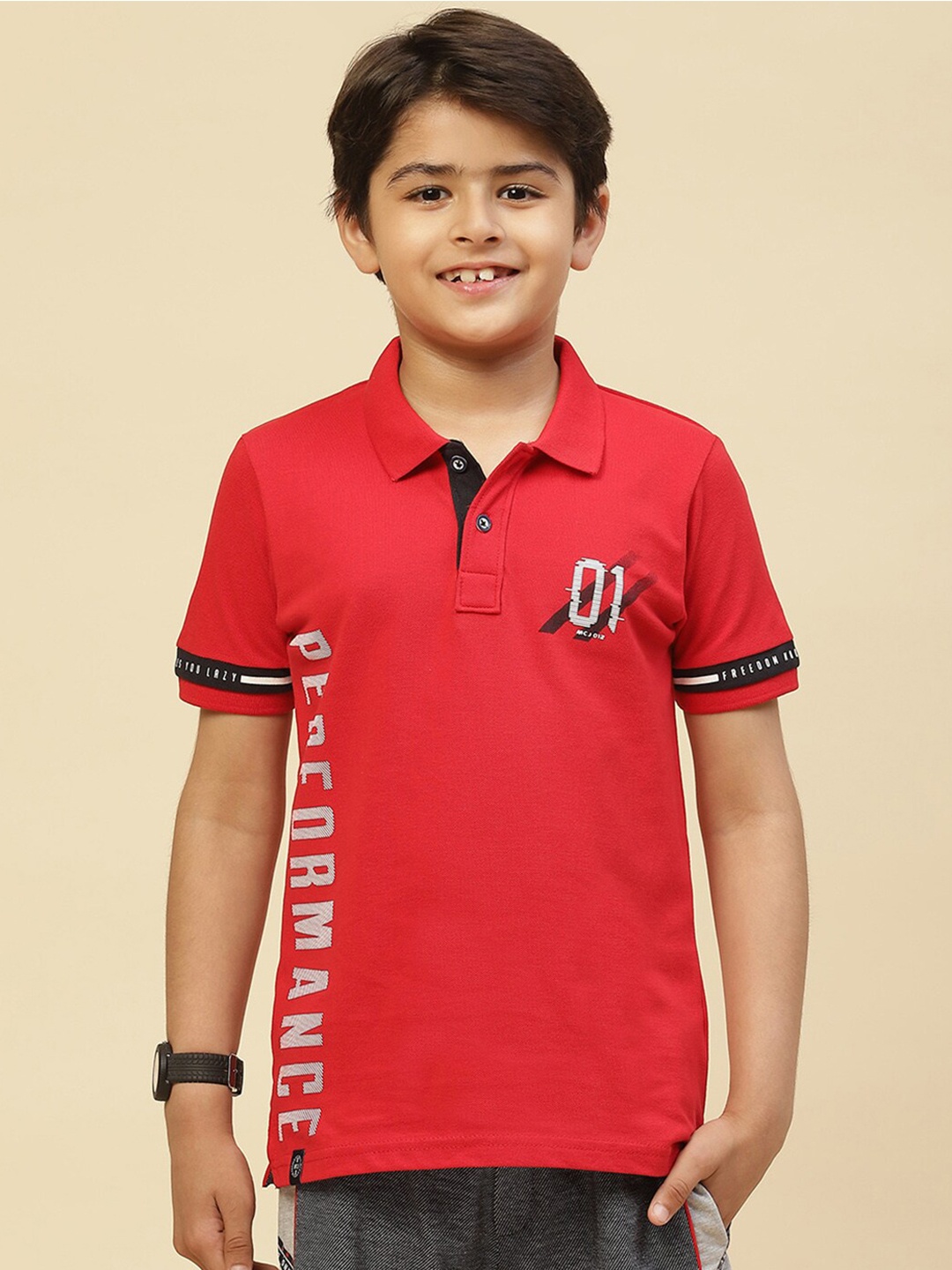 

Monte Carlo Boys Red Typography Printed Cotton Polo Collar T-shirt