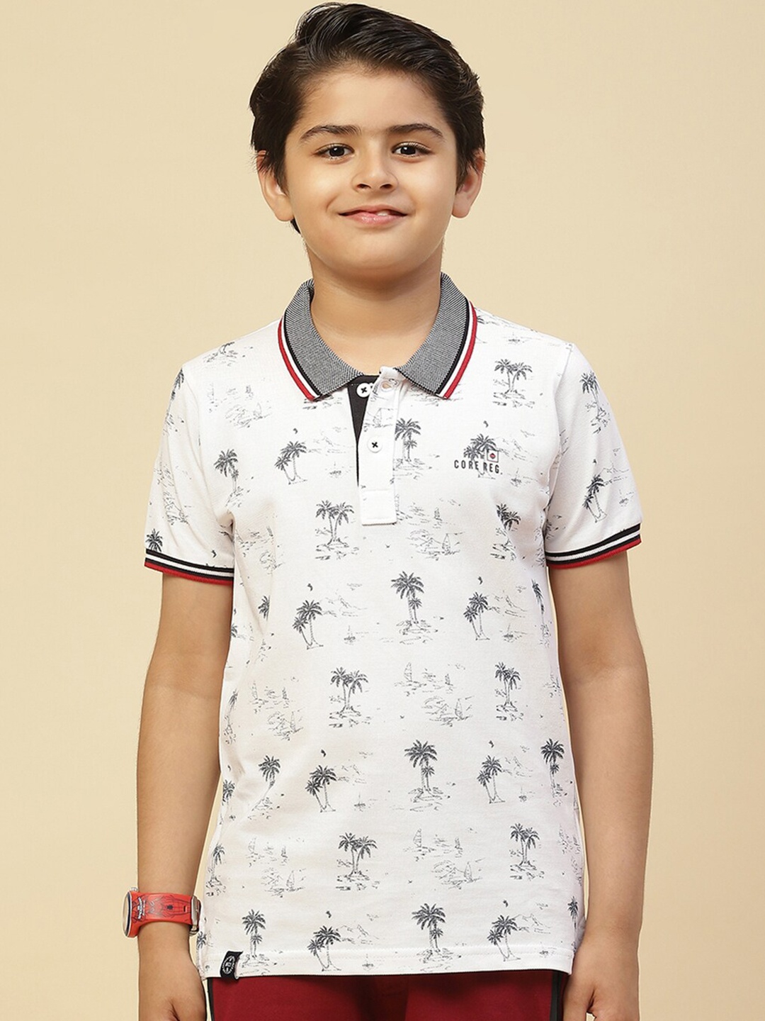 

Monte Carlo Boys Tropical Printed Polo Collar Pure Cotton T-shirt, White