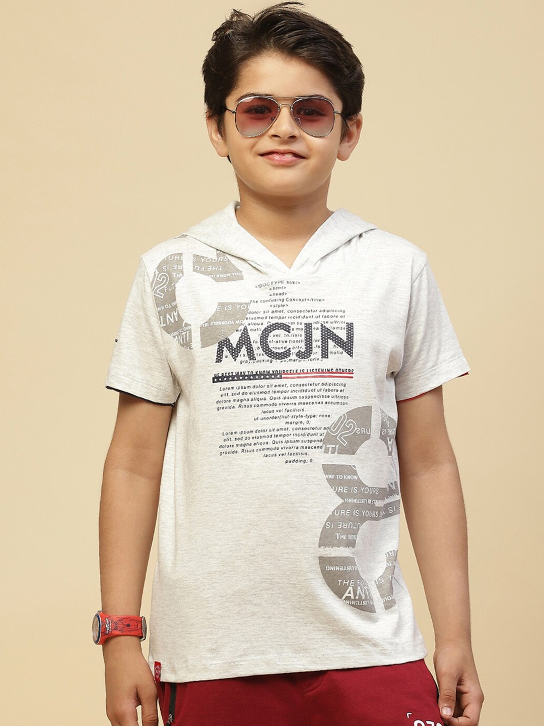 

Monte Carlo Boys Typography Printed Hooded Pure Cotton T-shirt, Grey melange