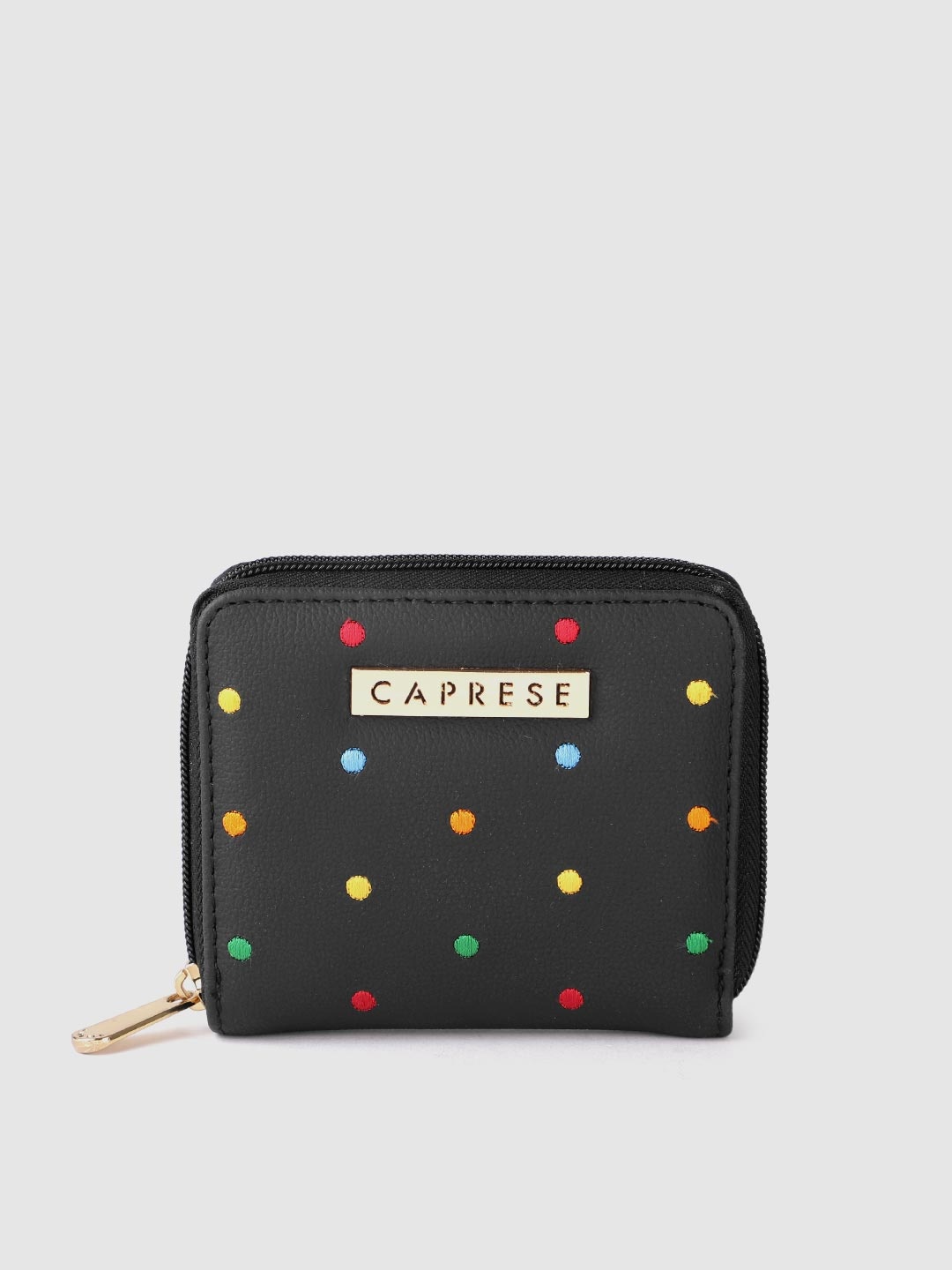 

Caprese Women Polka Dot Embroidered Zip Around Wallet, Black