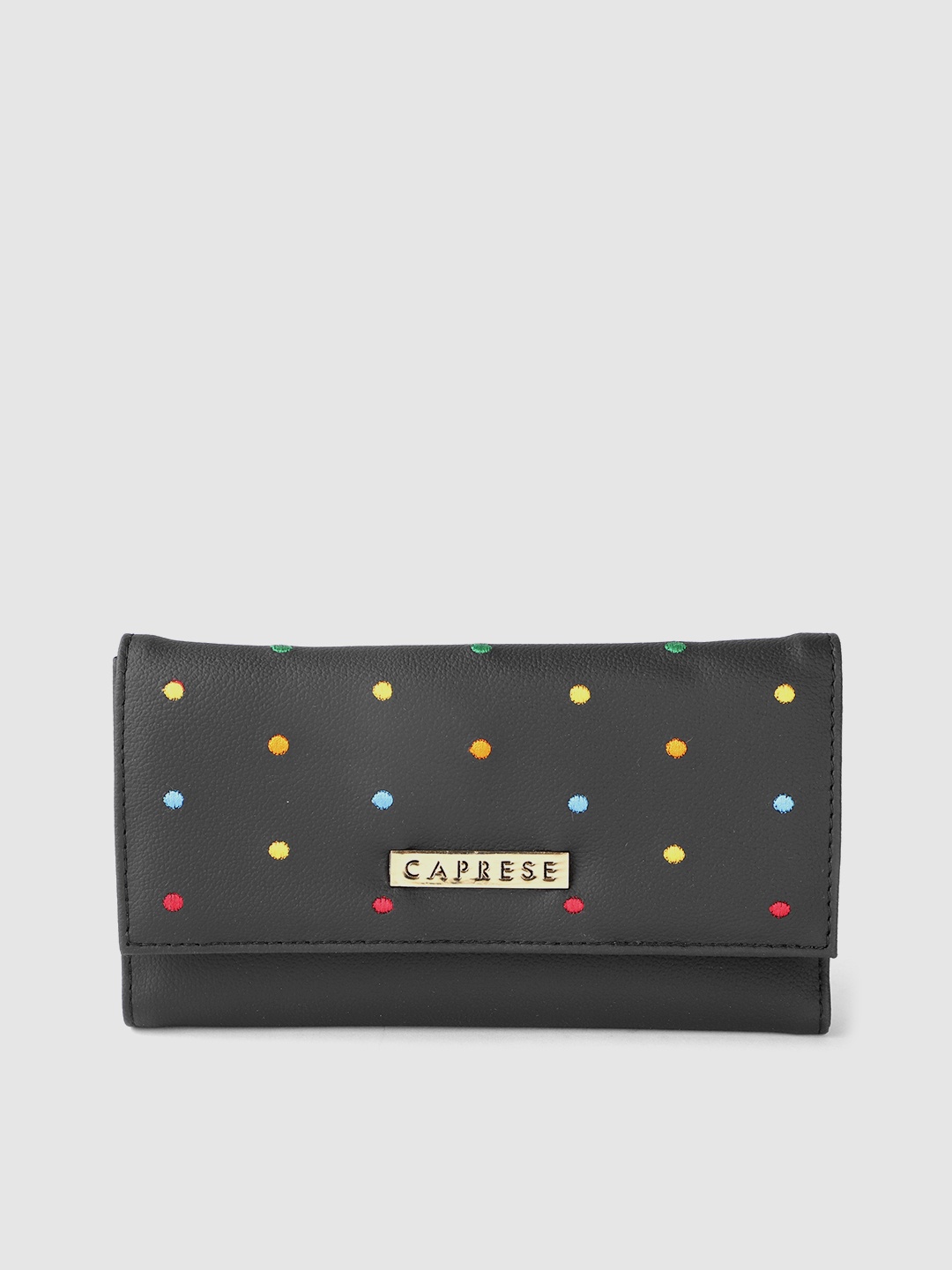 

Caprese Women Polka Dot Embroidered Three Fold Wallet, Black